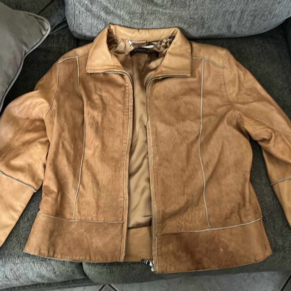 Andrew Marc Beige camel leather full zip woman’s jacket xl
